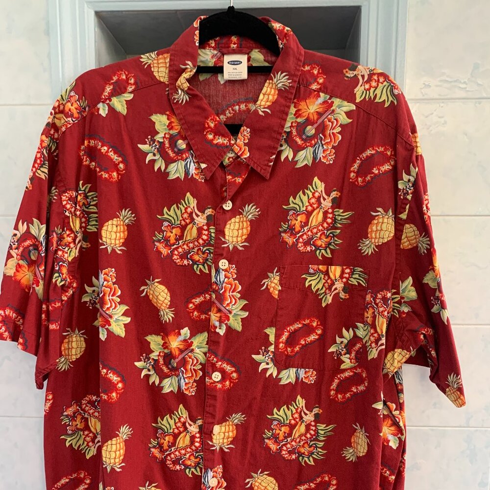 OLD NAVY BRICK RED COTTON SHIRT MENS XXL w/ UKULELE HULA GIRLS, PINEAPPLES, LEIS